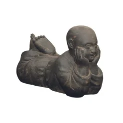 Statue Jardin Moine Bouddhiste Couché H.40 Cm - Gris Anthracite 40 Cm