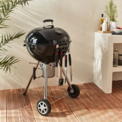 Barbecue Premium Charbon De Bois ø57cm. Charles + Accessoires - Noir émaillé. Avec Grille Amovible. Aérateurs. Fumoir. Récupérateur