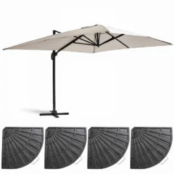 Parasol Déporté 3x4m Et 4 Dalles Lestées Aluminium Blanc