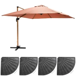 Parasol Déporté 3x3m Et 4 Dalles Lestées Effet Bois Argile