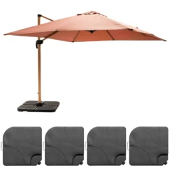 Parasol Déporté 3x3m Et 4 Dalles à Remplir Effet Bois Argile