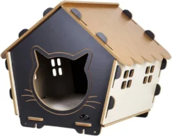 Maison Niche Pour Chat - Coussin Grand Confort Amovible Inclus - 49 X 43 X 47 Cm - Aspect Bois, Beige Et Gris (Gris)